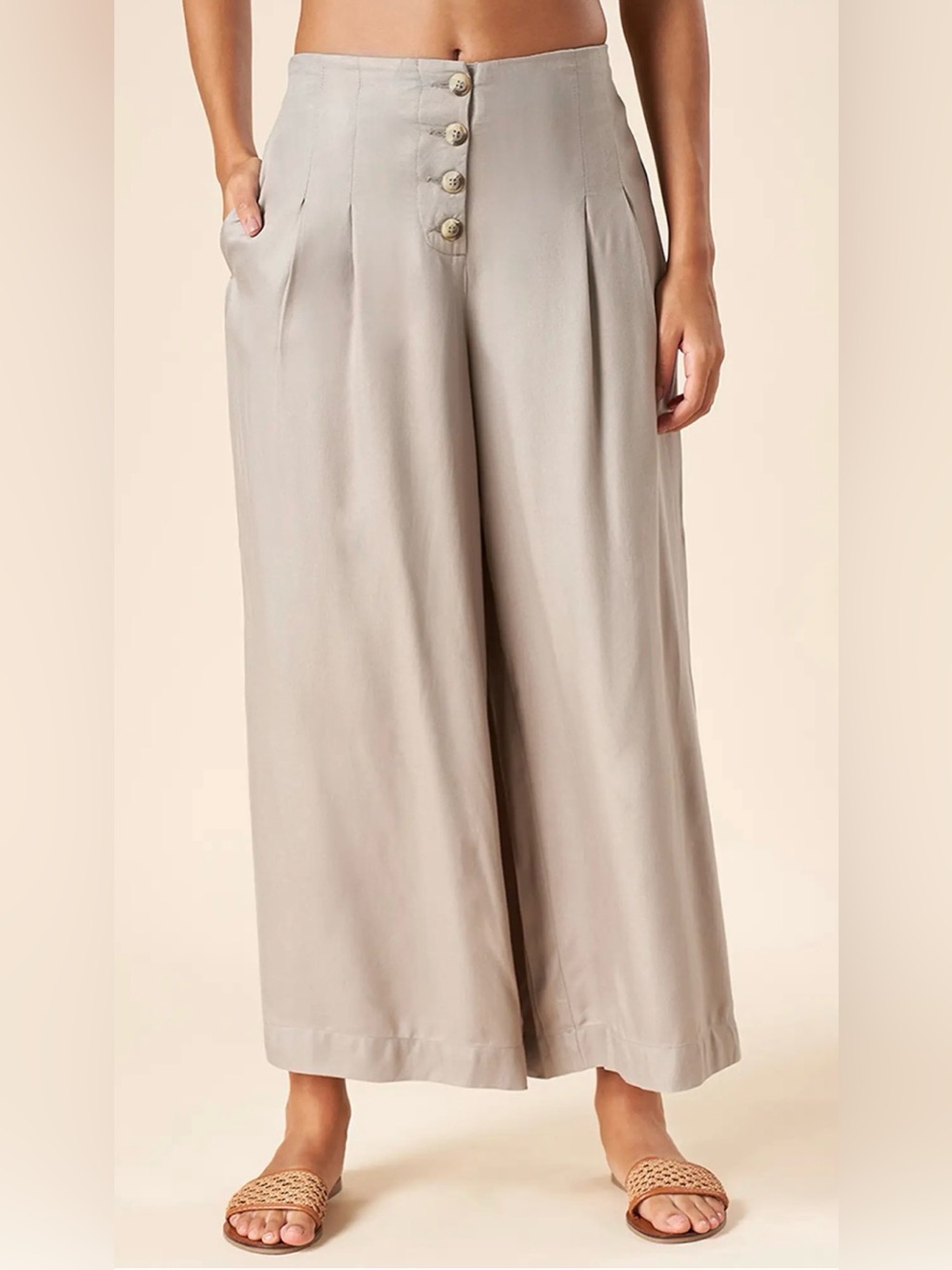 Sincerely Jules Taupe Linen Blend Cropped high waisted pleated wide-leg pants  M